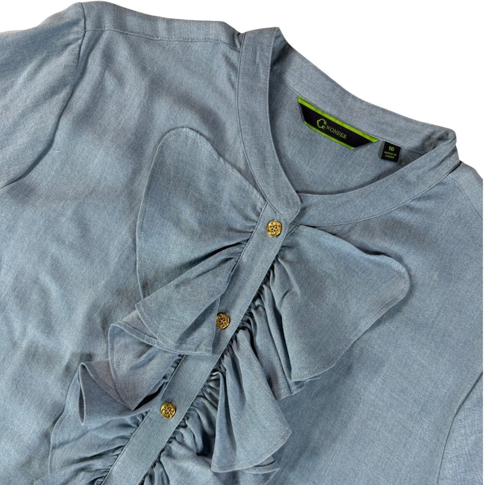C. Wonder Ruffle Front Blouse 16W Chambray Denim Button Down Modern Elegant Chic - Picture 2 of 15